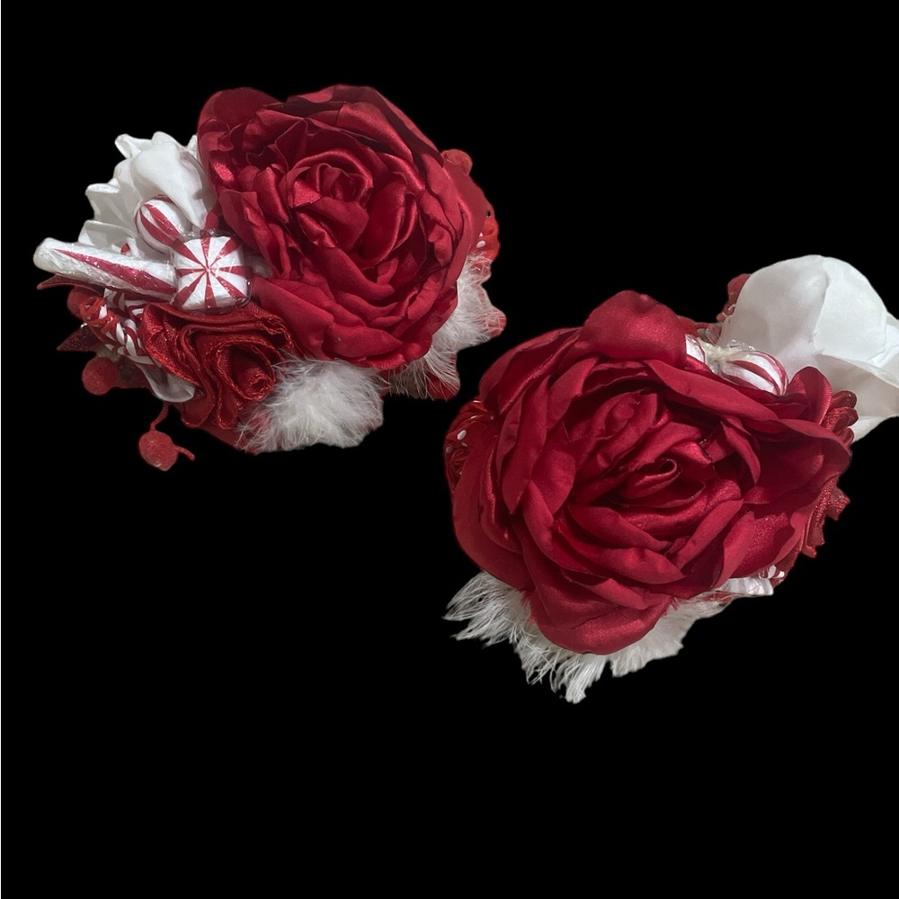 Holiday candy cans red white satin fur oversized flower headband bow